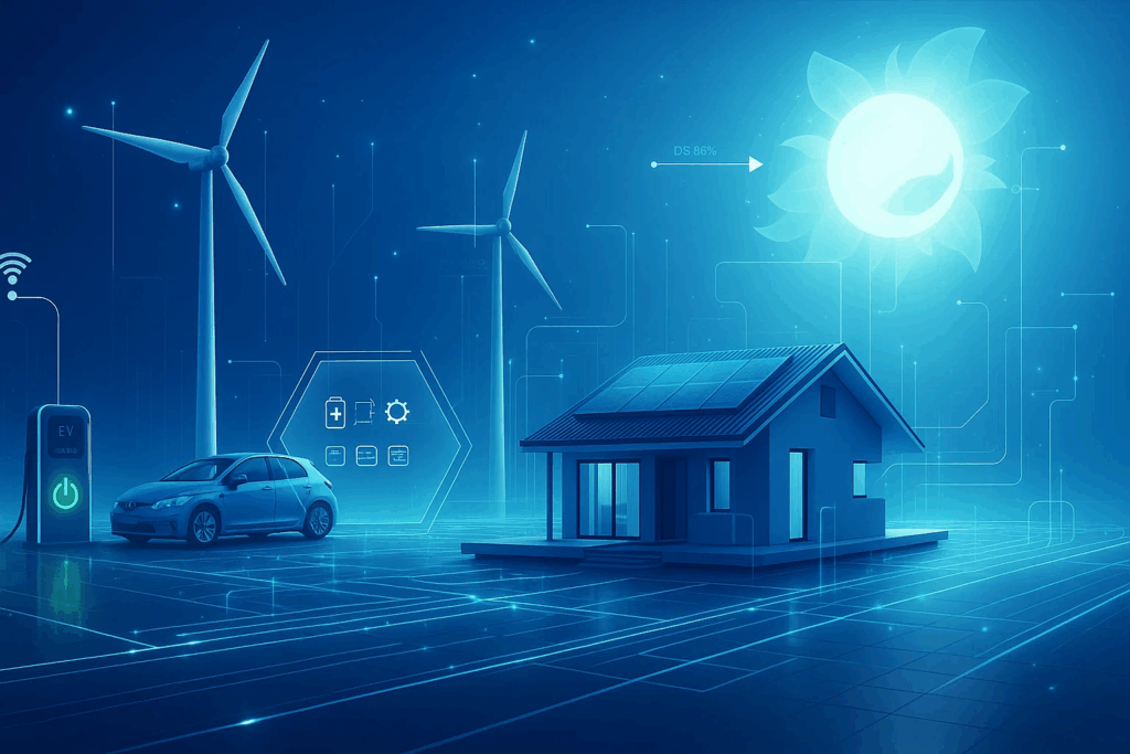 Electricity generated at power stations is sent via high-voltage lines and distributed for consumer use.