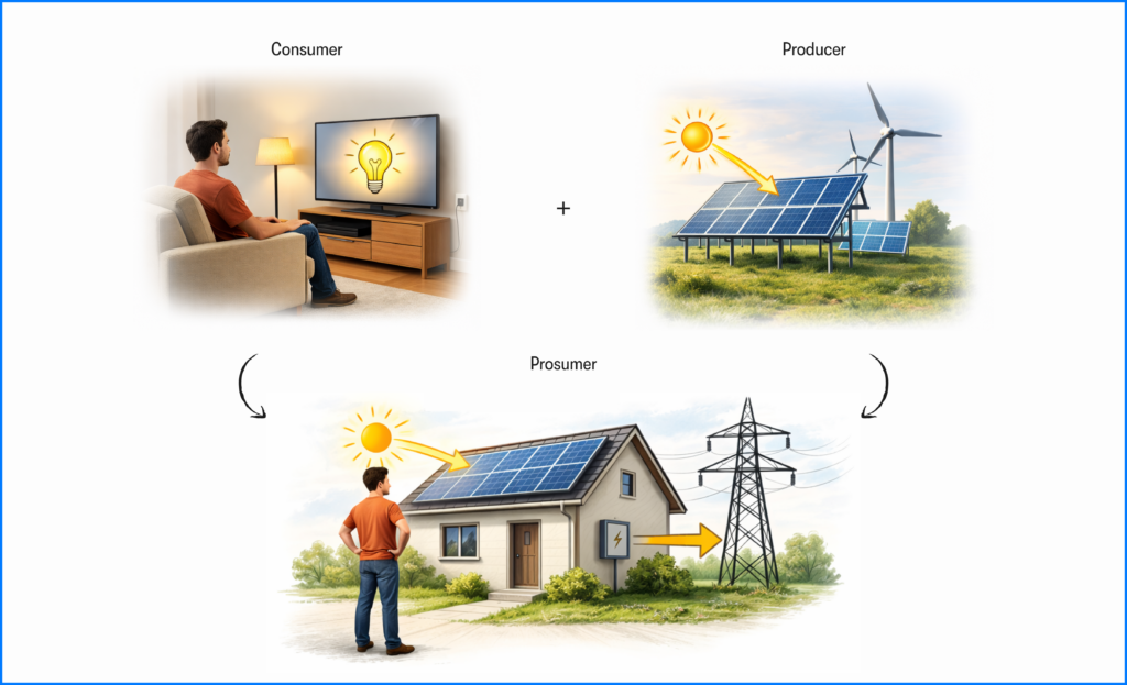 Diagram explaining how consumers become prosumers using rooftop solar
