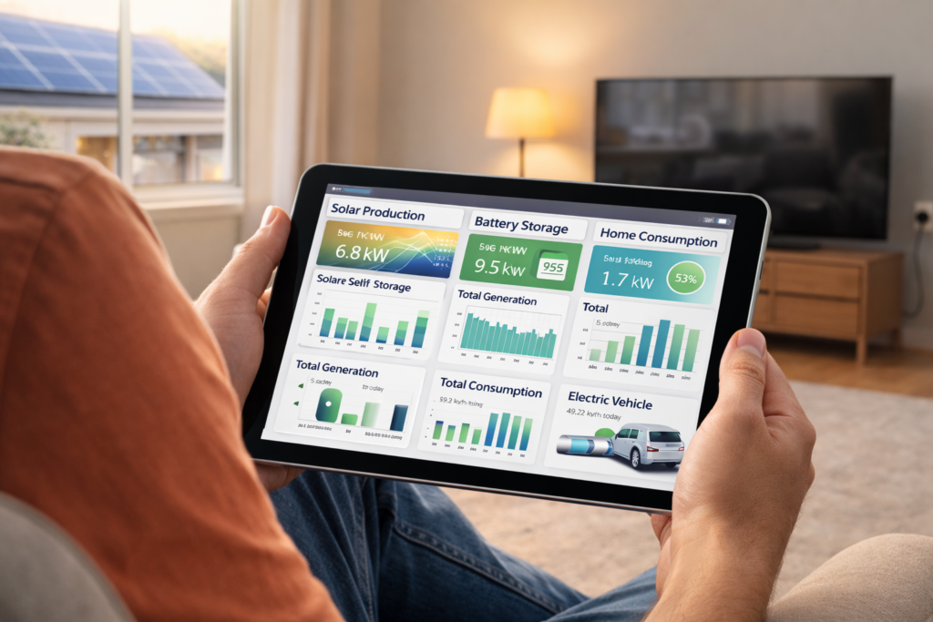 Mobile app dashboard showing household energy usage and solar generation